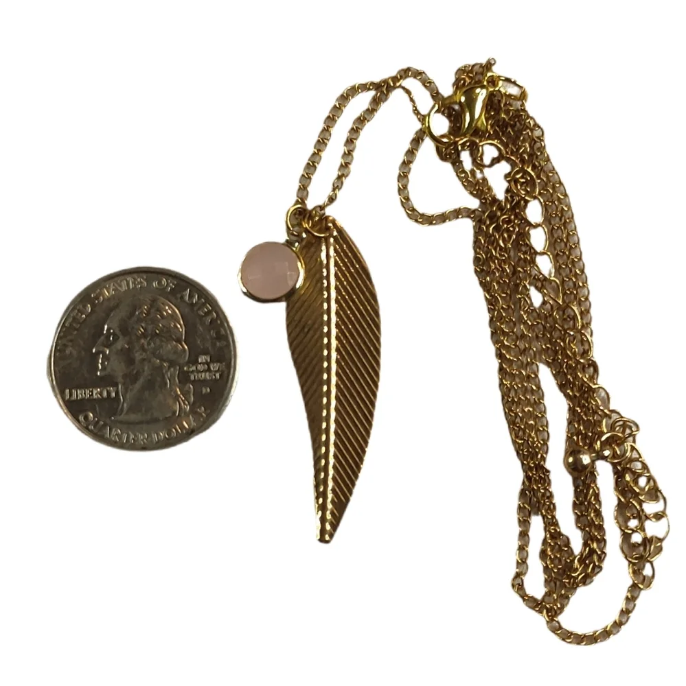 Gold Feather and Pink Circle Pendants on Long Gold Chain Necklace Adjustable